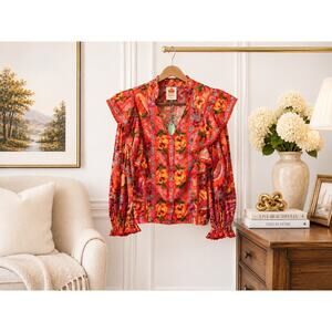 Farm Rio Red Spring Bananas Blouse NWT Large Floral Ruffle Balloon Sleeve Resort